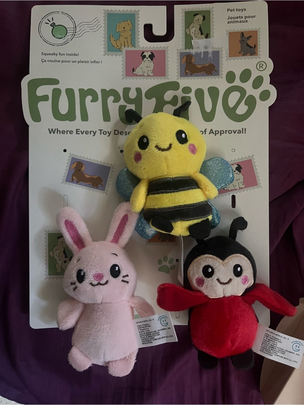 Furry Five 3 Small Sqeak Dog Toys. - Picture 1 of 2